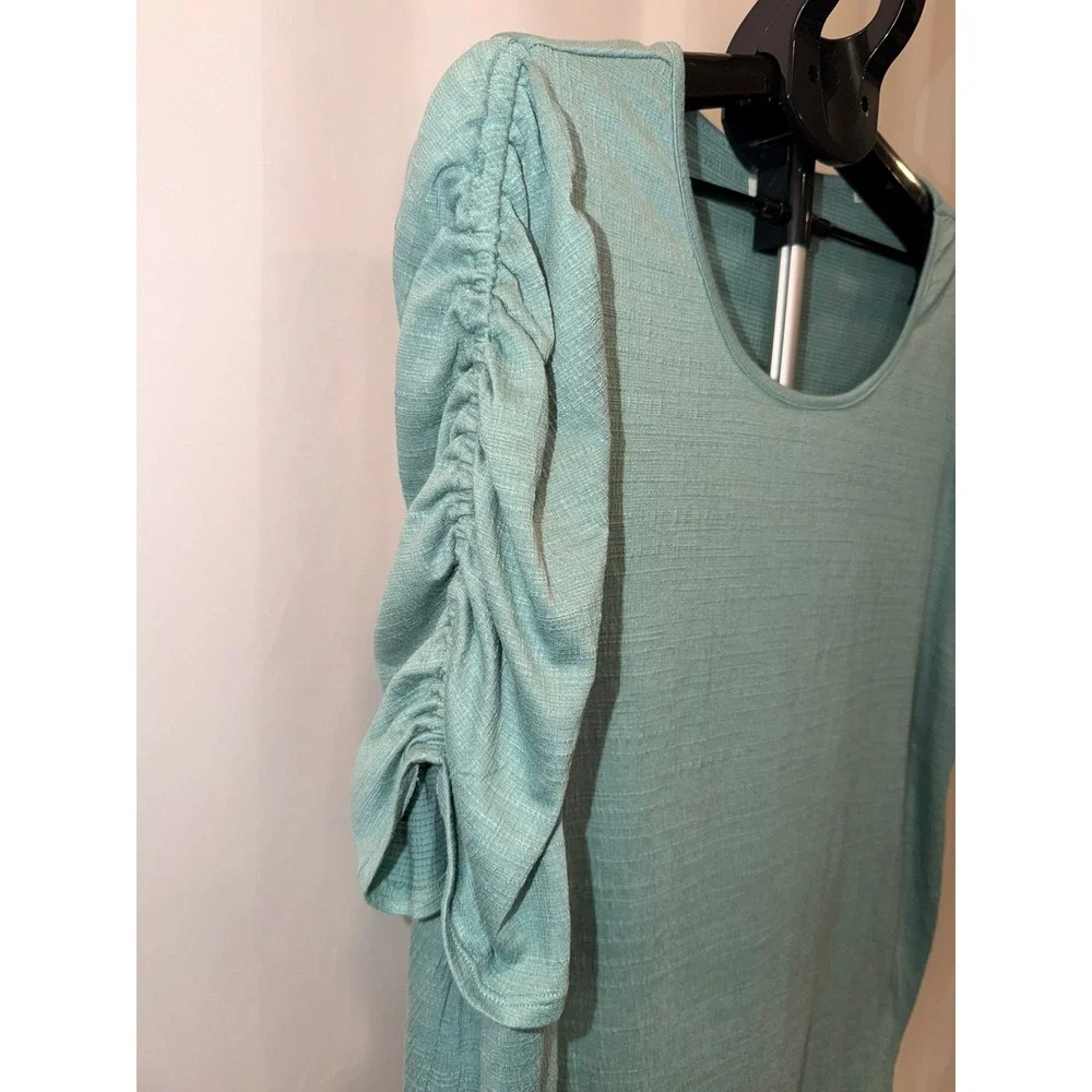 Max Studio London Ruched Puff Sleeve Top Sage Green Textured Womens 2X